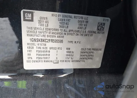 2015 Chevrolet Tahoe Lt z USA, uszkodzony, nr VIN 1GNSKBKC2FR595595